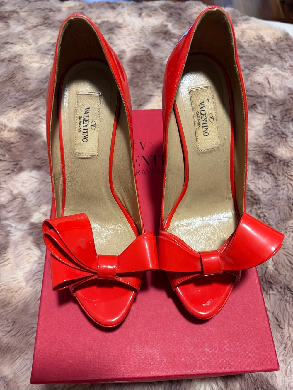 Valentino Red Patent Leather Bow Peep-Toe Heels